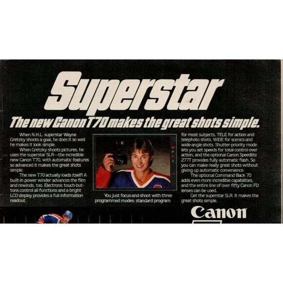 1984 Canon T70 Camera f/ Wayne Gretsky Vintage Print Ad (L8) - Picture 2 of 3